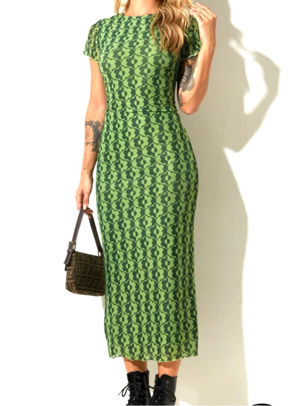 Motel Rocks Happyella Retro Print Midi Dress Wavy Daisy Green Dolls Kill